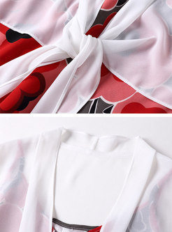 Print V-neck Sheath Slip Dress & Tied Kimono