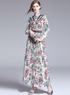 Long Sleeve Floral Pleated Party Maxi Dress