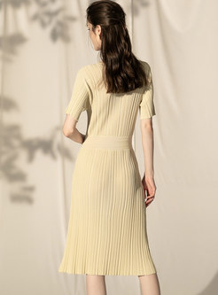 Brief O-neck Pure Color All-matched Knitted Dress