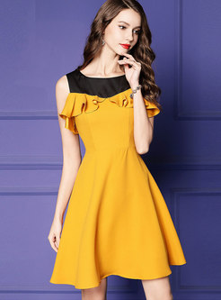 Color-blocked Sleeveless O-neck Falbala Midi Dress