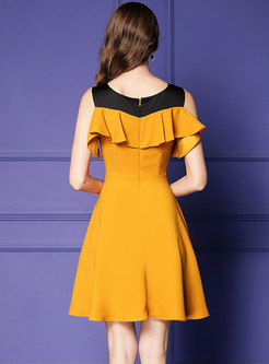 Color-blocked Sleeveless O-neck Falbala Midi Dress
