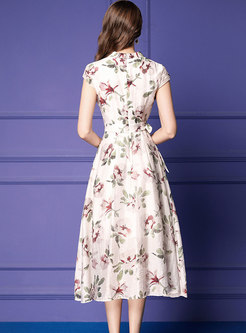 Stylish Print V-neck Belted A Line Dress
