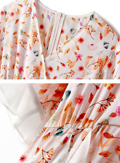 Stylish V-neck Floral Print Falbala Skater Dress