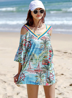Fashion V-neck Print Beach Cover-up Swimsuit