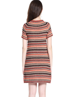 Casual O-neck Short Sleeve Stripe Slit Dress
