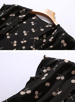 V-neck Ruffled Sleeve Print Silk A Line Dress