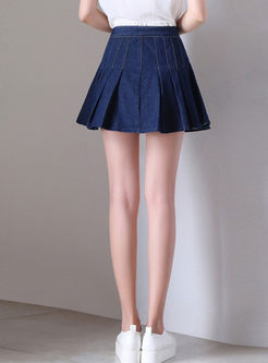 Casual High Waist Pleated Denim Mini Skirt