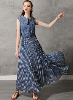 Dresses | Maxi Dresses | Denim Sleeveless Patchwork Polka Dot Maxi Dress