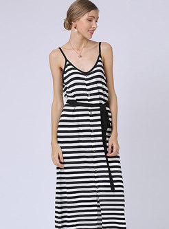 Sexy V-neck Plus Size Stripe Knitted Sling Dress