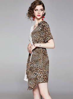 Summer V-neck Leopard Splicing Tie-Waist Dress