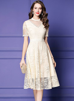 Sweet Lace Stand Collar Slim Skater Dress