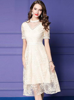 Sweet Lace Stand Collar Slim Skater Dress