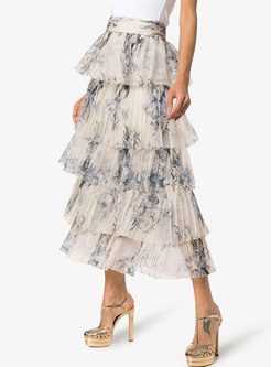 Chic Organza Ink Print Casual Pleated Cake Skirt