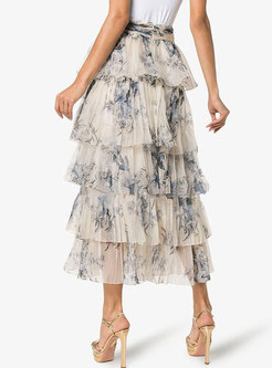 Chic Organza Ink Print Casual Pleated Cake Skirt