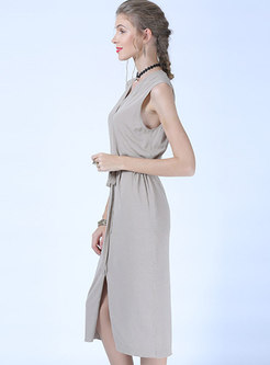 Fashion V-neck Sleeveless Knitted Slit Dress