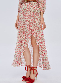 Fashion Asymmetric Floral Print Gathered Waist Maxi Dress