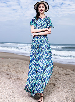 Chic Print V-neck Gathered Waist Beach Maxi Dress