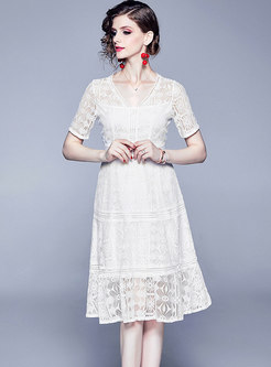 White V-neck Short Sleeve Hollow Out Dress