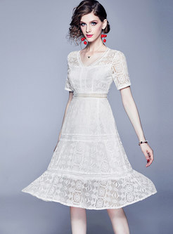 White V-neck Short Sleeve Hollow Out Dress