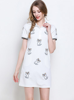 Casual Turn Down Collar Cat Embroidered Dress
