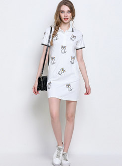 Casual Turn Down Collar Cat Embroidered Dress