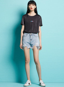 Stylish Summer Sequined Slim Rough Selvedge Shorts