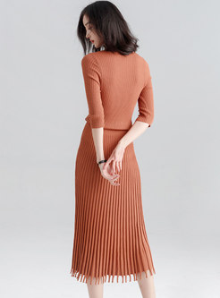 Stylish Pure Color Tied Gathered Waist Knitted Dress