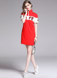 Stylish Stand Collar Letter Embroidered T-shirt Dress