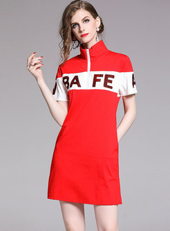 Stylish Stand Collar Letter Embroidered T-shirt Dress