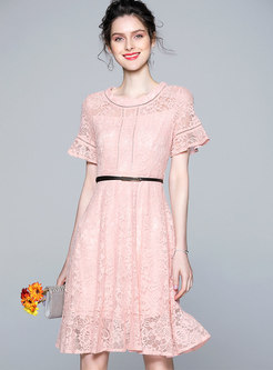Sweet Lace O-neck Belted Hollow Out Skater Dress