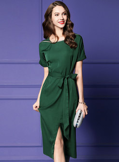 Color-blocked Square Neck Belted Bodycon Dress