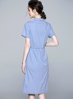 Light Blue Denim Lapel Tie-waist Midi Dress
