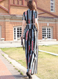 Striped Wide Lapel Belted Pant Suits