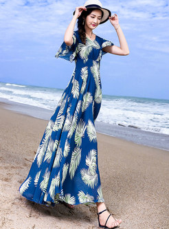 Bohemia Print V-neck High Waist Beach Dress