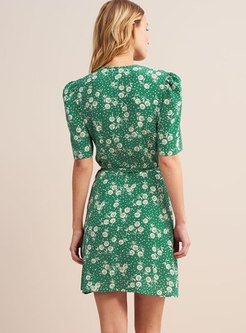 Retro V-neck Short Sleeve Print Slim Dress