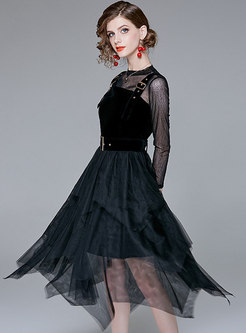 Chic Perspective Top & Asymmetric Mesh Velvet Splicing Dress