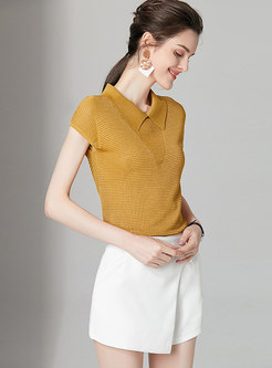 Brief Lapel Knitted Top & Casual Pure Color Shorts