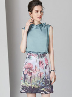 Solid Color Sleeveless Tank & Multi-color Print Skirt