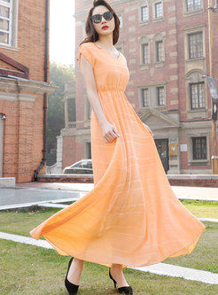Fashion Solid Color V-neck High Waist Big Hem Dress
