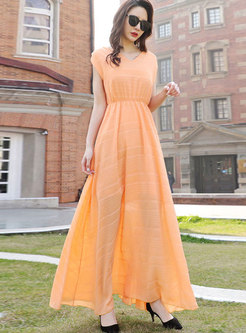 Fashion Solid Color V-neck High Waist Big Hem Dress