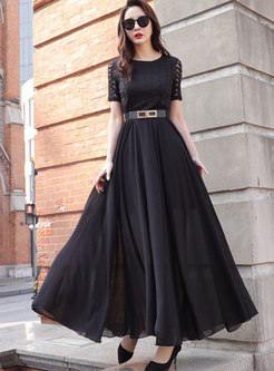 Black O-neck Hollow Out Short Sleeve Maxi Dress