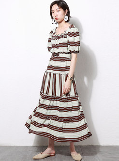 Retro Square Neck Stripe Chiffon Dress