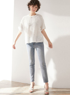Stylish O-neck Hollow Out Tassel T-shirt