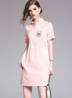 Piglet Beaded Zipper Stand Collar Cute Pink T-shirt Dress 