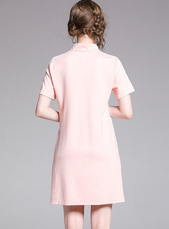 Piglet Beaded Zipper Stand Collar Cute Pink T-shirt Dress 