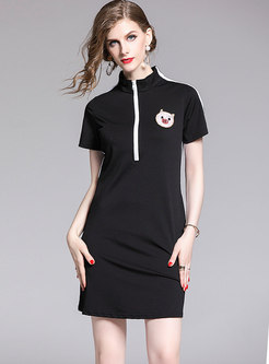 Stylish Piglet Beaded Stand Collar Black Slim T-shirt Dress 