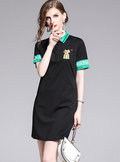 Casual All-matched Color-blocked Embroidered T-shirt Dress