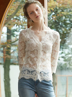 Chic Lace V-neck Hollow Out Slim Top