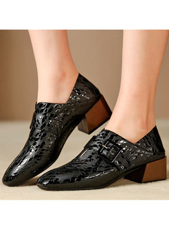 Square Toe Solid Color Genuine Leather Buckle Shoes