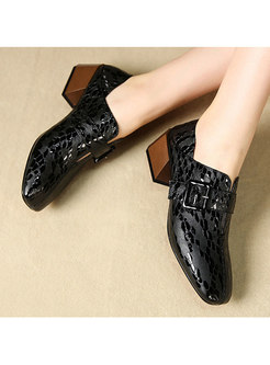 Square Toe Solid Color Genuine Leather Buckle Shoes